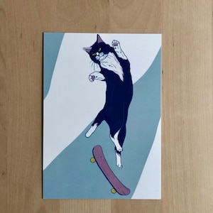 Skateboardende kat met roze skateboard A6 ansichtkaart