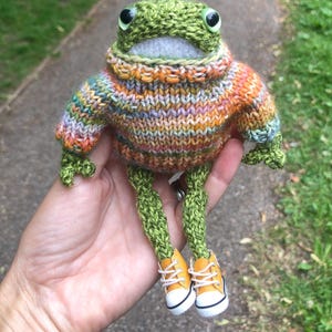 May include: A green crocheted frog plush toy wearing a multi-coloured striped knit jumper and small yellow canvas trainers with white laces and rubber soles. The frog has large black and white plastic eyes and a wide, white-stitched mouth.