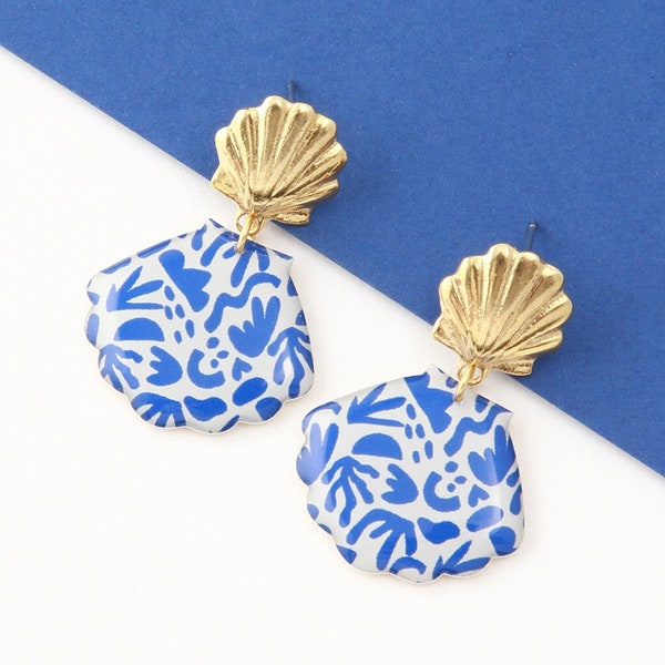 Boucles d'oreilles en résine, clous, coquillage, motif "Pop bleu" Or / Argent / Bronze, modèle ONDINE