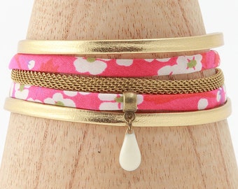 Hot pink leather and liberty cotton cord Cuff Bracelet