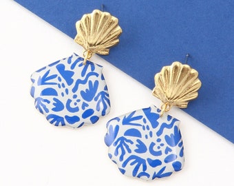 Boucles d'oreilles en résine, clous, coquillage, motif "Pop bleu" Or / Argent / Bronze, modèle ONDINE