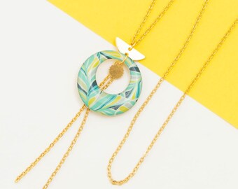 long necklace, long necklace, resin, pendant, "Leaf Turquoise" pattern Gold/Silver/Bronze, BILLIE model