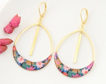 Resin earrings, hoops, "Flower Winter" pattern, Gold, silver or bronze, SIMONE model