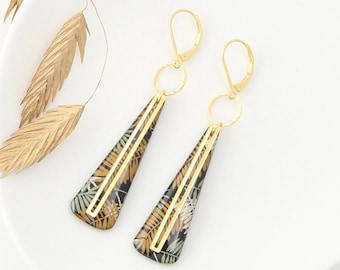 Boucles d'oreilles, pendantes, en papier résiné, motif "Palme Hiver", Or argent ou bronze , modèle YOKO