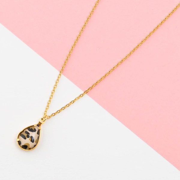 Short necklace, pendant, resin, "Leopard" pattern Gold/Silver/Bronze, EVE model