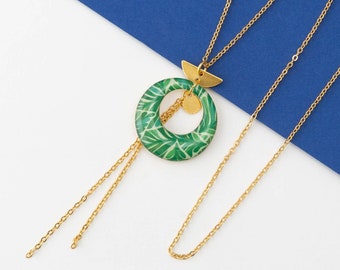 long necklace, long necklace, resin, pendant, "Green Leaf" pattern Gold/Silver/Bronze, BILLIE model