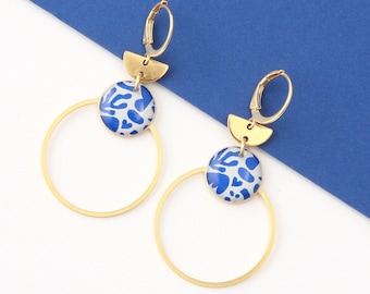 Resin earrings, "Blue Pop" pattern, Gold, silver or bronze, ALICE model