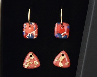 Hoop earrings + interchangeable beads, resin + box, pattern, “Terracotta Flower” Gold, ALBANE model