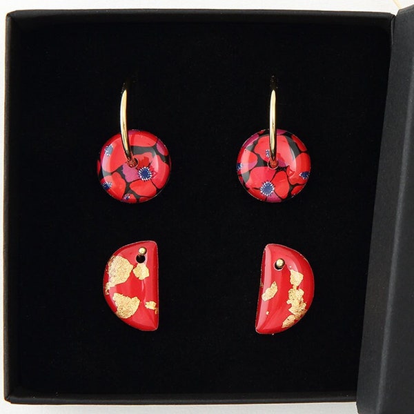 Hoop earrings + interchangeable beads, resin + box, pattern, “Poppy” Gold, MOON model