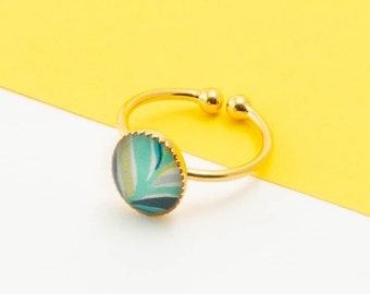 Bague fine en résine, dorée à l'or fin, motif "Leaf Turquoise", modèle LISA