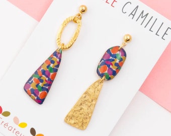 Earrings, resin, studs, Gold / Silver / Bronze "Paint Violet" pattern, GAIA model