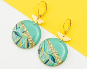 Boucles d'oreilles, résine, dormeuses motif "Leaf Turquoise" Or/Argent/Bronze, modèle APRIL