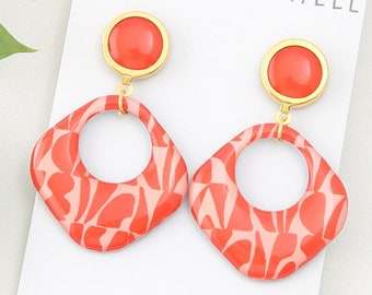 Resin earrings, studs, "Vintage Orange" pattern, Gold / Silver / Bronze, ELLIE model