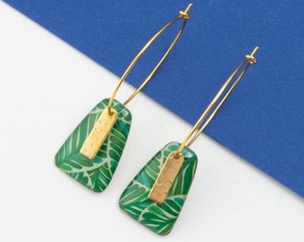 Hoop earrings, resin, pattern, "Green Leaf" Gold/Silver/Bronze, AMBER model