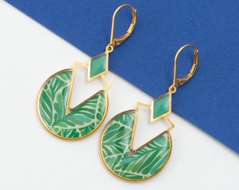 Boucles d'oreilles, résine, motif "Leaf Vert", Or argent ou bronze , modèle LOU