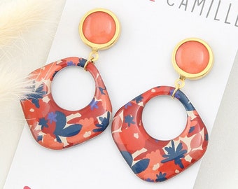 Resin earrings, studs, "Terracotta Flower" pattern, Gold / Silver / Bronze, ELLIE model