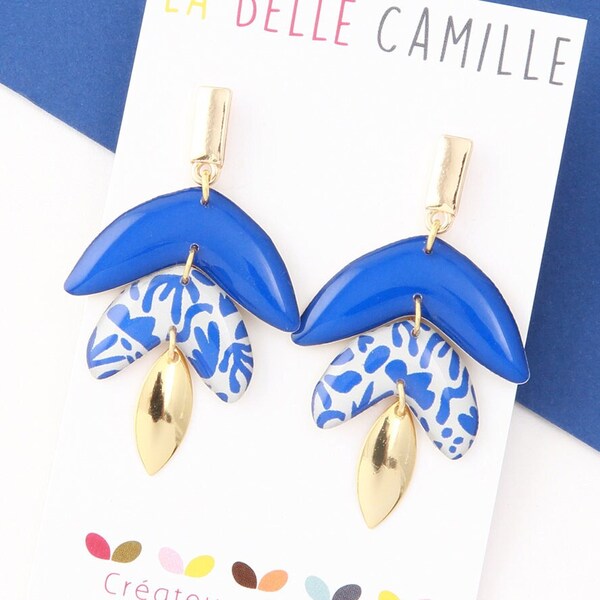 Boucles d'oreilles, résine, clous, motif losange "Pop bleu" Doré / Argenté / Bronze, modèle ALBA