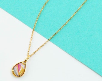 Short necklace, pendant, resin, "Leaf Pastel" pattern Gold/Silver/Bronze, EVE model