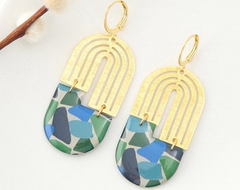 Boucles d'oreilles, résine, motif "Terrazzo Vert Bleu", Or ou bronze , modèle BONNIE