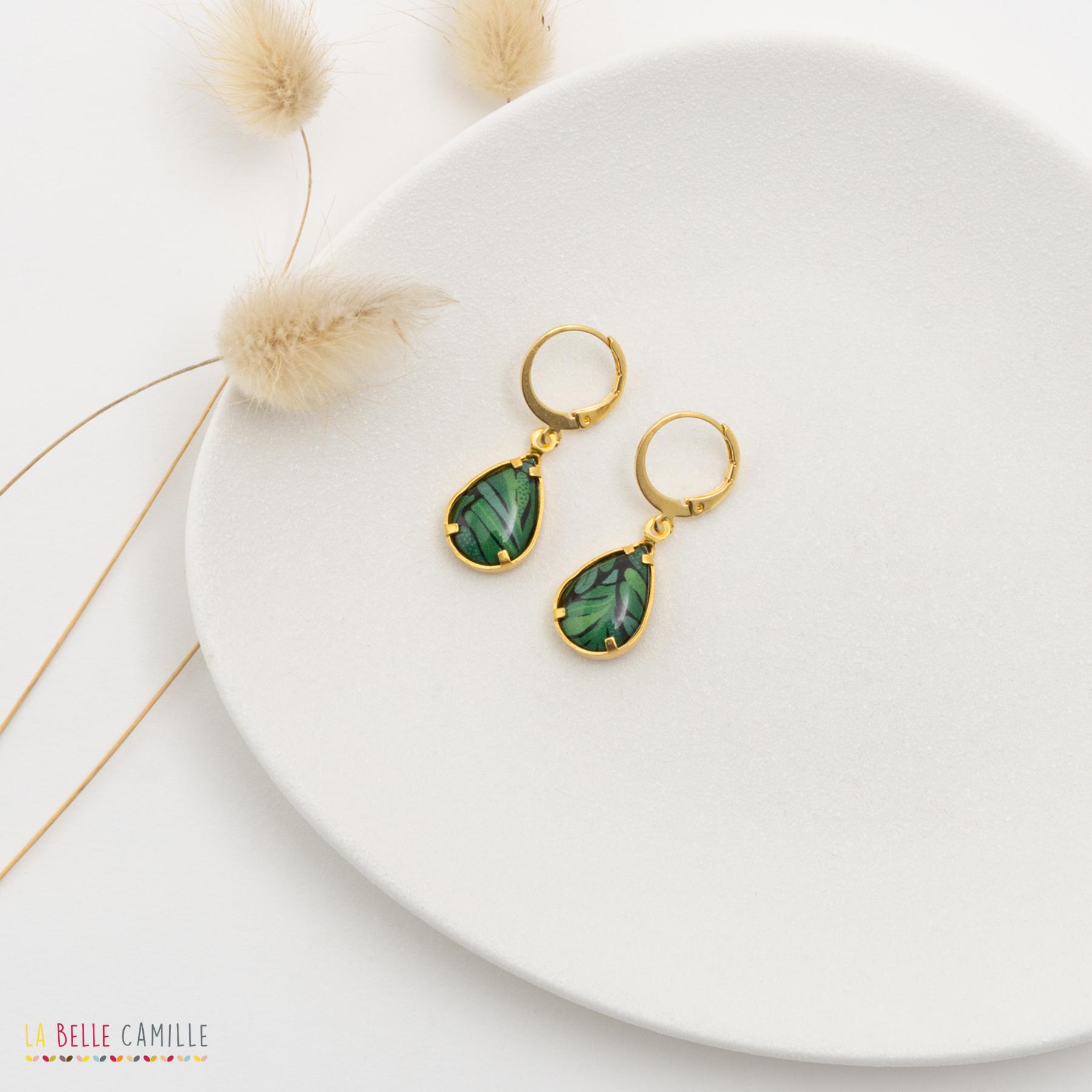 Boucles D'Oreilles Dormeuses Vert Printemps - Métal Argenté & Strass - Neuf