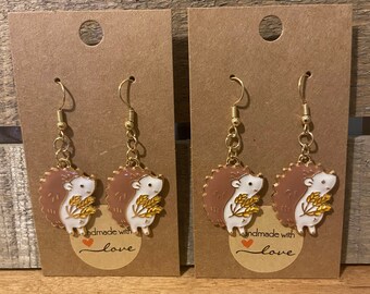Hedgehog dangle earrings, animal earrings, cute, dainty dangle earrings, enamel earrings, animal lover, gifts