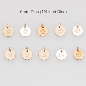 Schijf van 6 mm (1/4 inch schijf), 14K gold filled bedel, 14 kt roségoud gevuld bedel, sterlingzilveren bedel, gepersonaliseerde aanvullende schijfbedel,