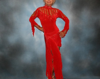 Red Slinky Latin-Rhythm Dress | Red Swarovski Rhinestone Work | Size 3/4-9/10 | Sassy & Sleek