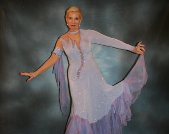 Ballroom Dress Periwinkle Blue Pink Accents Flounces Swarovski Rhinestones, Size 7/8-11/12-Monique