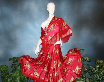 Red Satin Ballroom Skirt & Shawl with Fringe Size 3/4-9/10-Wild Fire