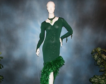 Latin-Rhythm Dress, Emerald Green, Chandelle Feathers, Rhinestones, Hand Beading, Size 5/6-11/12-Jade