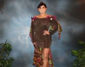 Brown Ballroom Dress with Floral Print Chiffon Skirting & Floats Size 5/6-9/10-Fall Flowers 3