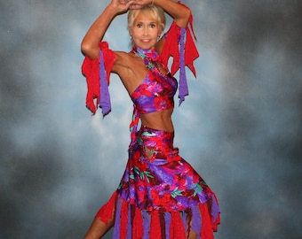 Red Latin-Rhythm Dress, Flounces, Swarovski Rhinestones, Hand Beading, Size 1/2-7/8-Tropical Sunset