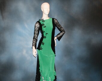 Green & Black Lace Latin Dance Dress: Swarovski Crystals, Size 5/6-9/10