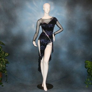 Black Latin-Rhythm Dress with Tanzanite Accents Swarovski Rhinestones Hand Beading-Capala