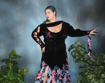 Black Plus Size Ballroom Dress with Pink and Blue Swarovski Rhinestones, Floral Skirting, Size 13/14-17/18, Very Stretchy-April