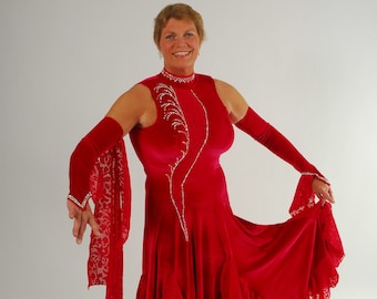 Red Stretch Velvet Ballroom Dress, Flounces & Floats, Swarovski Rhinestones, Size 9/10-13/14 Tall-Romance