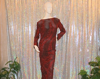 Red and Black Tango-Bolero-Rumba Dress with Hand Beading, Size 11/12-15/16-Waves of Fire