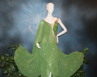Green Ballroom Dress, Embroidered Sequin Chiffon, Nude Color Illusion Base, Size 3/4-7/8-Ivy