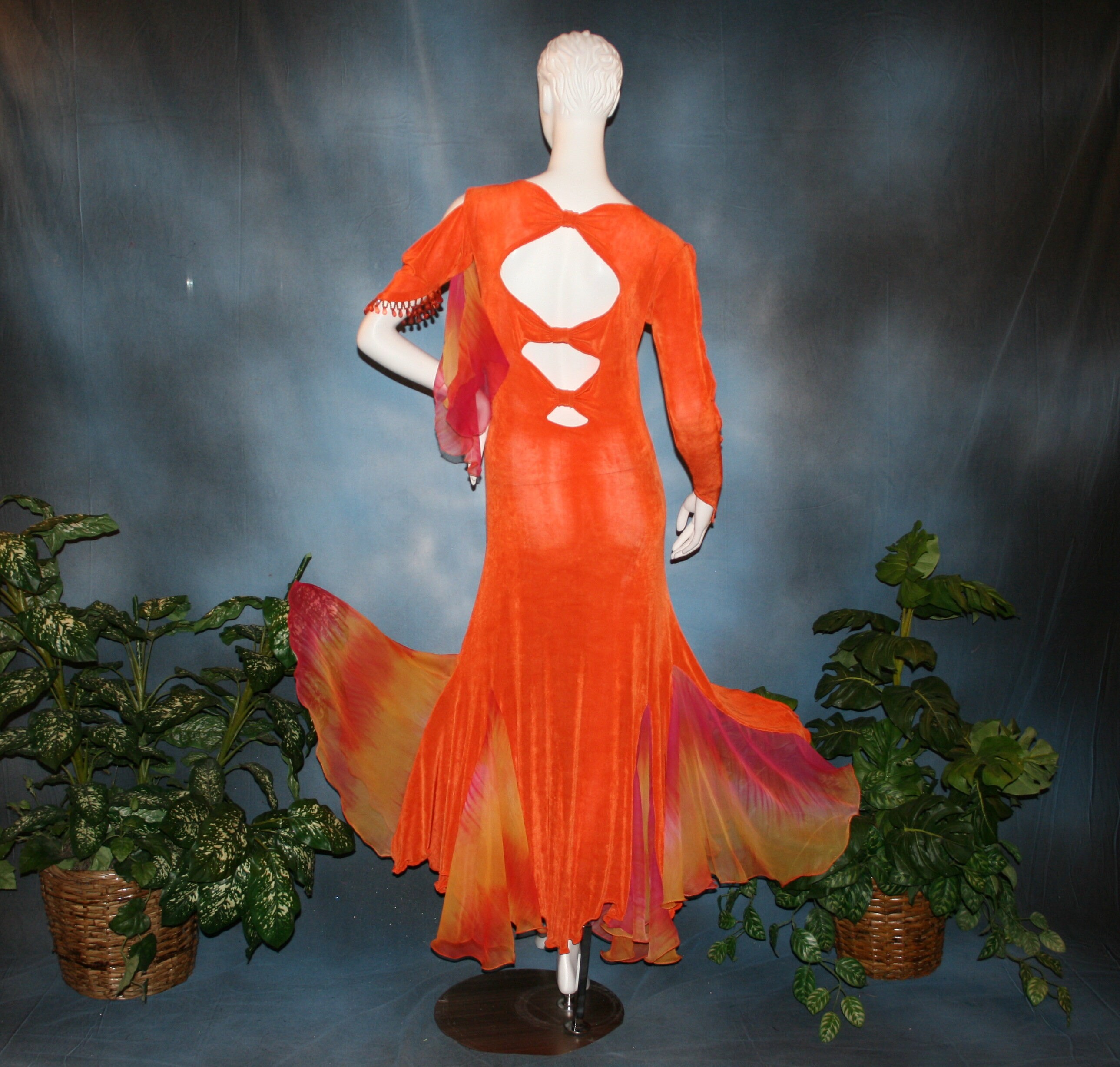 Orange Ballroom Dress with Tropical Print Accents-Breezy