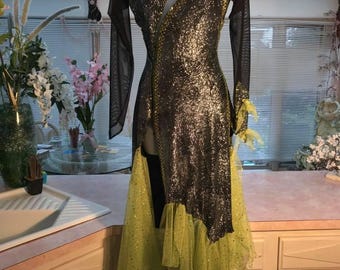 Silver on Black Latin-Rhythm Dress, Green Swarovski Rhinestone & Flounces, Size 1/2-3/4-Electric Swirls