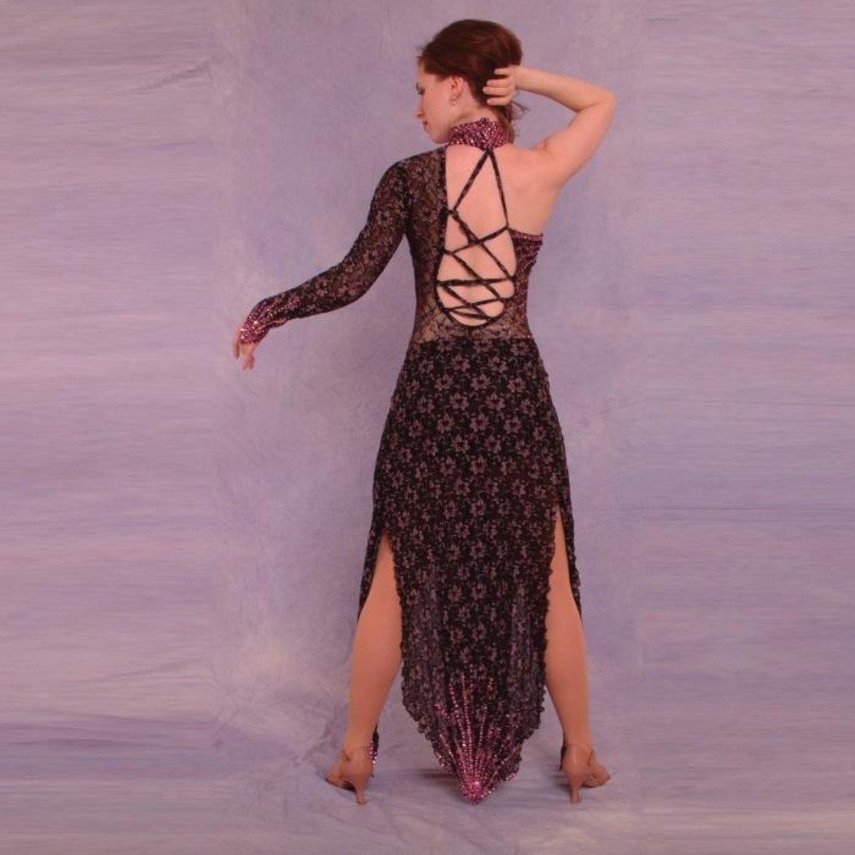 Black & Pink Stretch Lace Latin-rhythm Dress With Lavish Pink