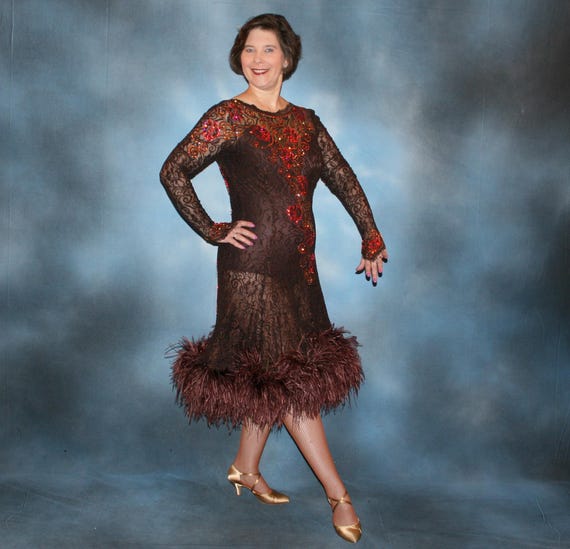 brown dress with feather trim Vintage 1960s Sparkly Brown Lurex Dress with Ostrich Feather Trim Size M main image 0
