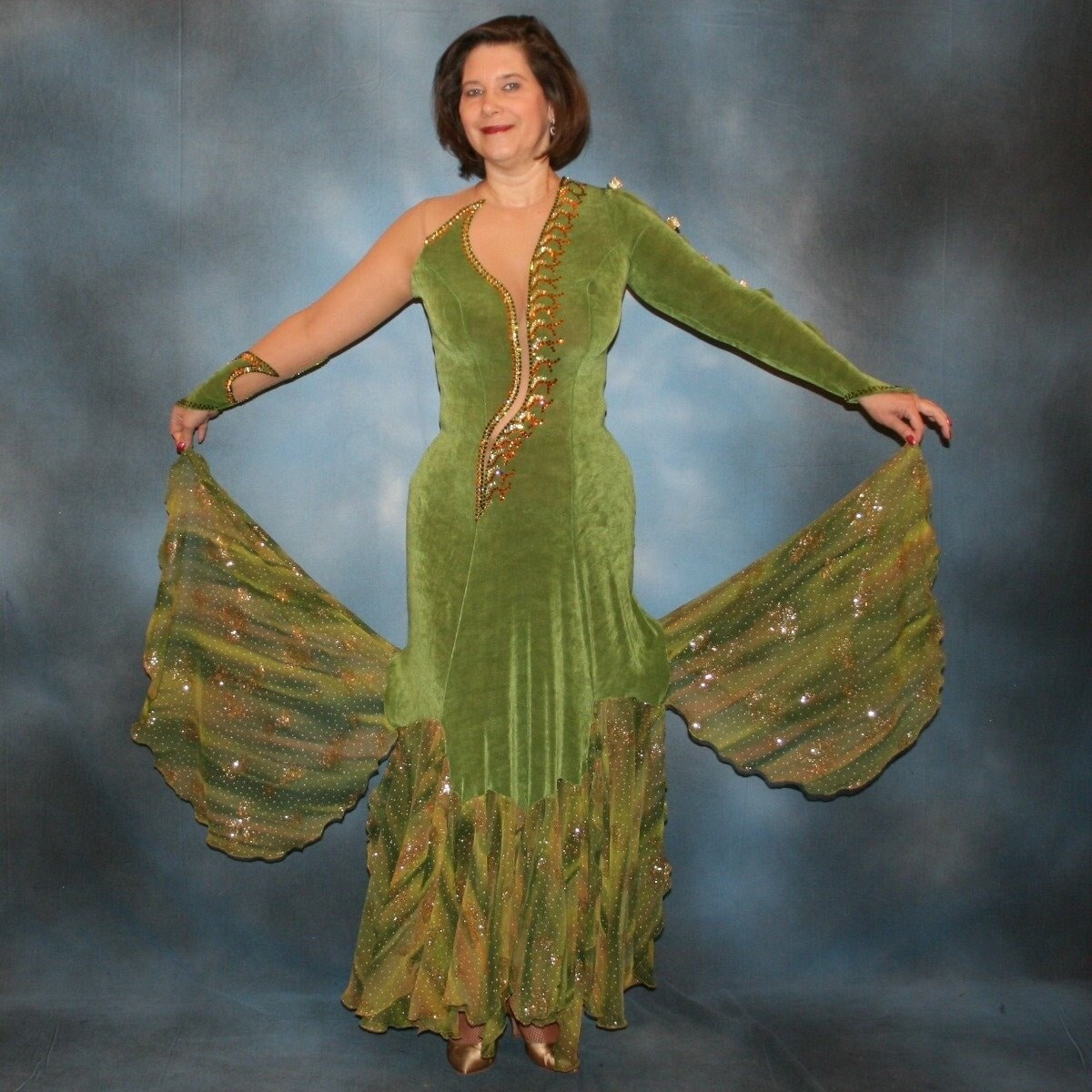 slim fit dress slacks Olive Green Ballroom Dress | Print Flounces | Size 7/8-9/10 main image 0