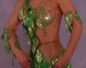 Green Latin-Rhythm Dress with Gold Leaf Accents, Rhinestones, Size 1/2-3/4-Sierra