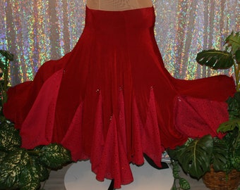 Red Ballroom Dance Skirt, Sequined Chiffon Insets, Size 5/6-9/10-Crimson Beauty