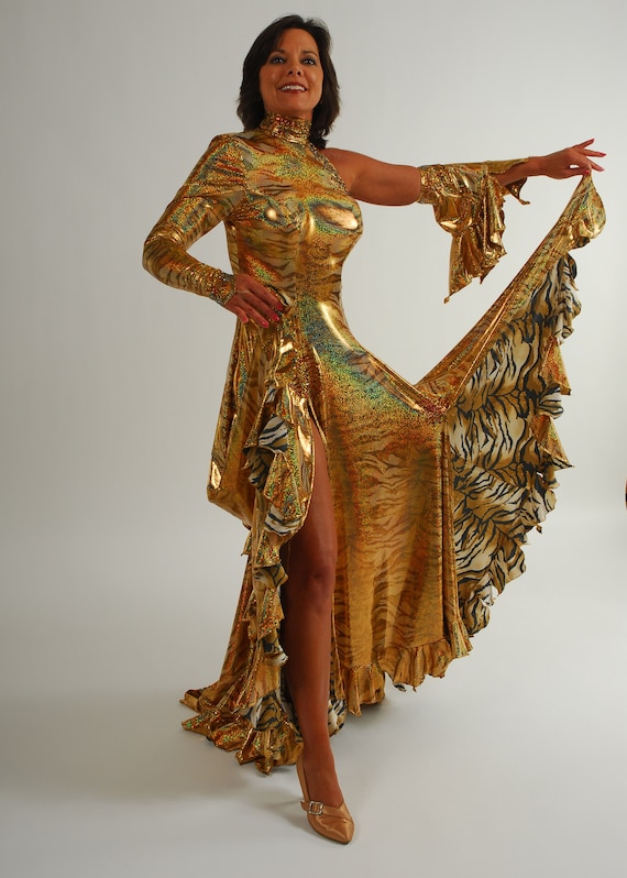 Gold Hologram Tiger Print Tango Dress, Paso Doble Dress, Crystal Volcano  Colored Swarovski Rhinestones, Size 3/4-9/10, Tall-spanish Princess -   Canada