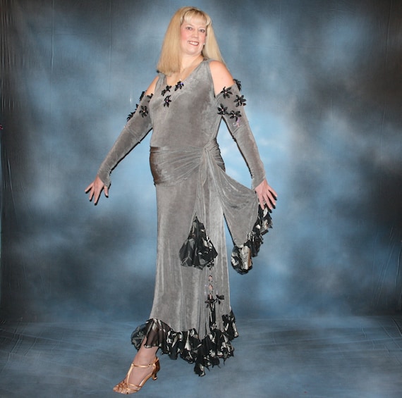 Grey Plus Size Ballroom Dance Dress With Black Accents Silk Roses