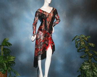 Floral Lace Bodysuit & Skirt: Red Black Fringe Dance Ensemble (Size 3/4-7/8)