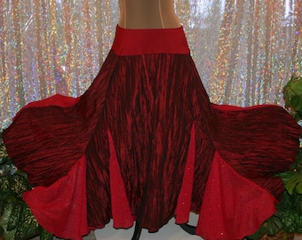 Red Ballroom Dance Skirt, Red Sequined Chiffon Insets, Size 11/12-15/16-Fire