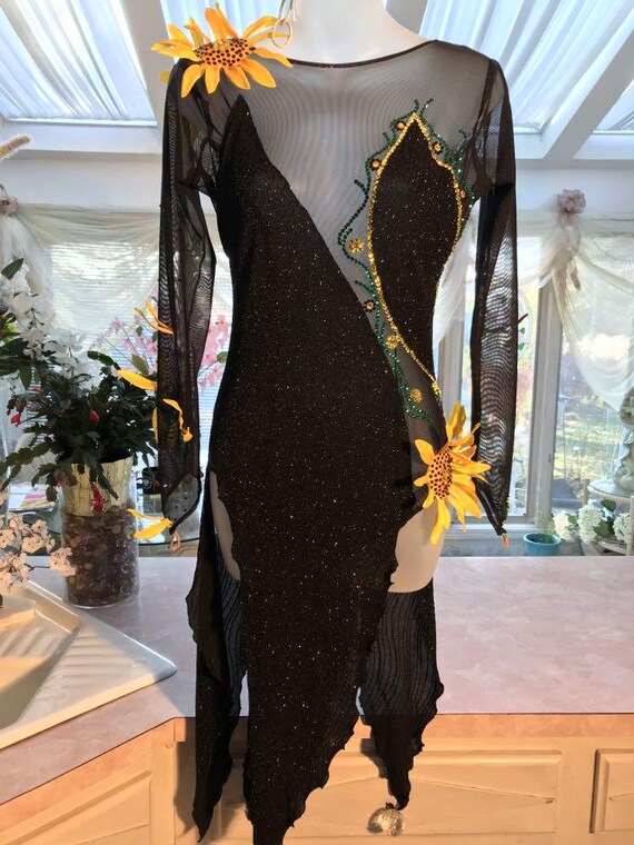 Latin-Rhythm Dress, Black Sheer Mesh, Silk Sun Flowers, Rhinestone Work, Size 3/4-7/8-Idalia